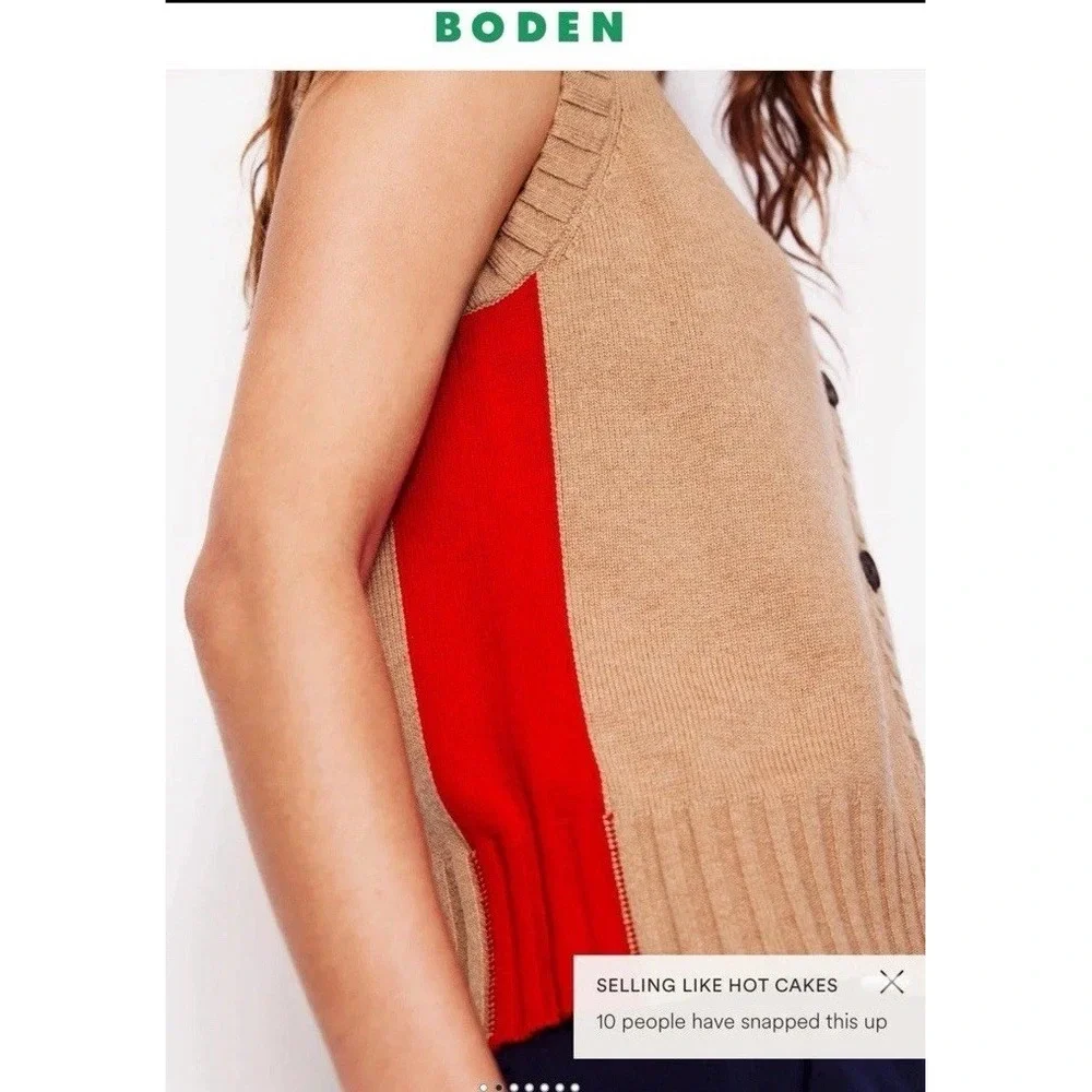 Boden Camel and Red Sleeveless Button Front Sweater Vest - Picture 2 of 11